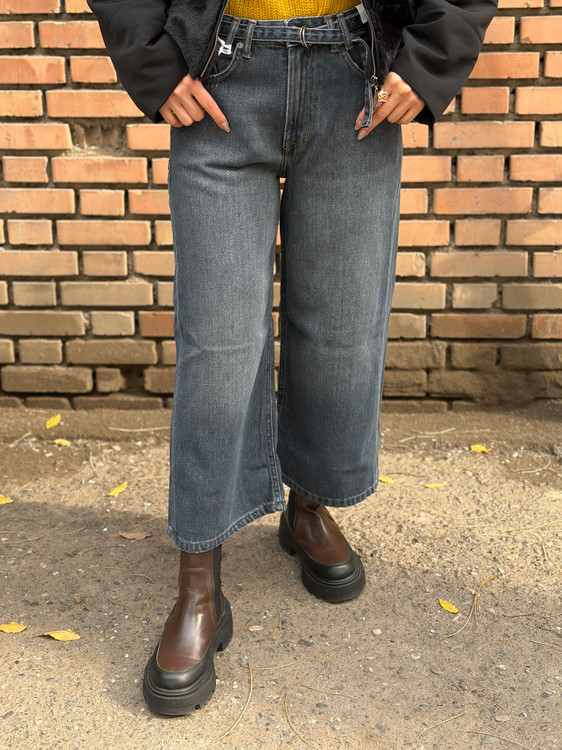 شلوار جین رویال مدل جکپات کمربنددار رنگ طوسی آبی تیره