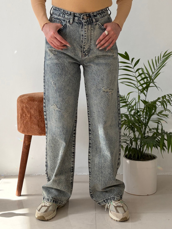 شلوار جین بنتون مدل نیم بگ رنگ – طوسی آبی برفکی