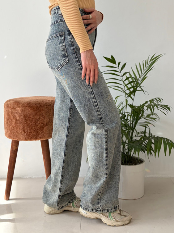 شلوار جین بنتون مدل نیم بگ رنگ – طوسی آبی برفکی