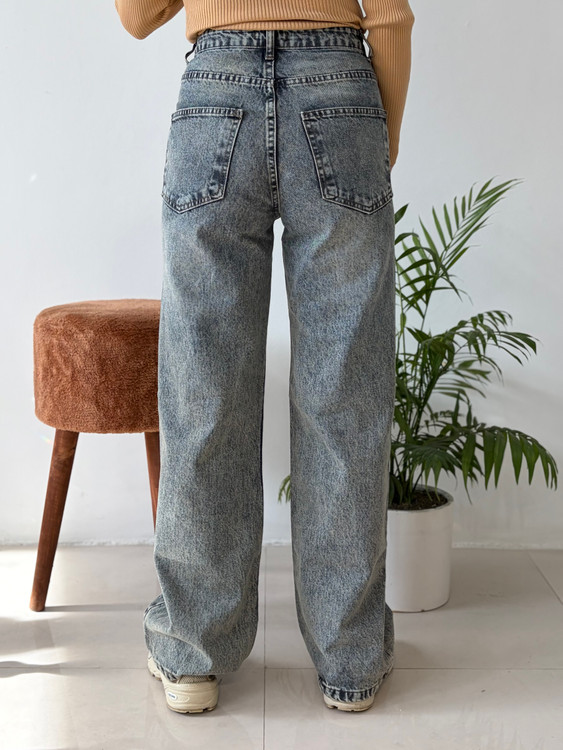 شلوار جین بنتون مدل نیم بگ رنگ – طوسی آبی برفکی