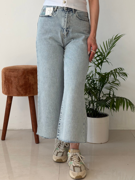شلوار جین رویال مدل لانگ واید لگ کراپ – رنگ آبی یخی