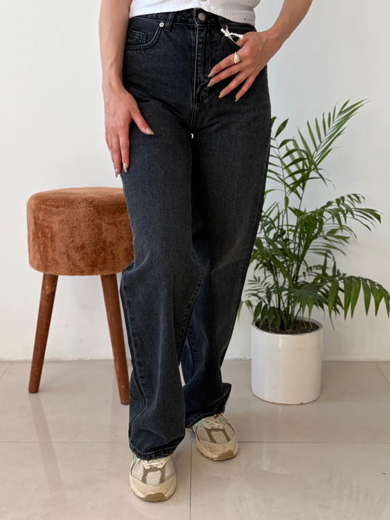 شلوار جین رویال مدل نیم بگ دمپا زاپ – رنگ ذغالی